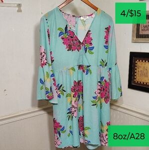 Umgee Floral Mini Dress - Aqua and Pink